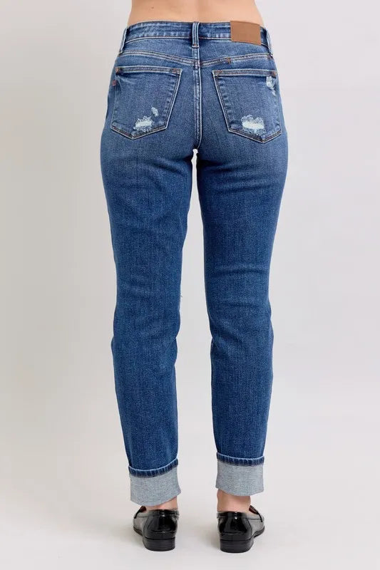 Judy Blue Full Size Midi Rise Boyfriend destroy Jeans with Yoke Pockets and Faux Selvedge Cuff Plus Size OutfitFlow