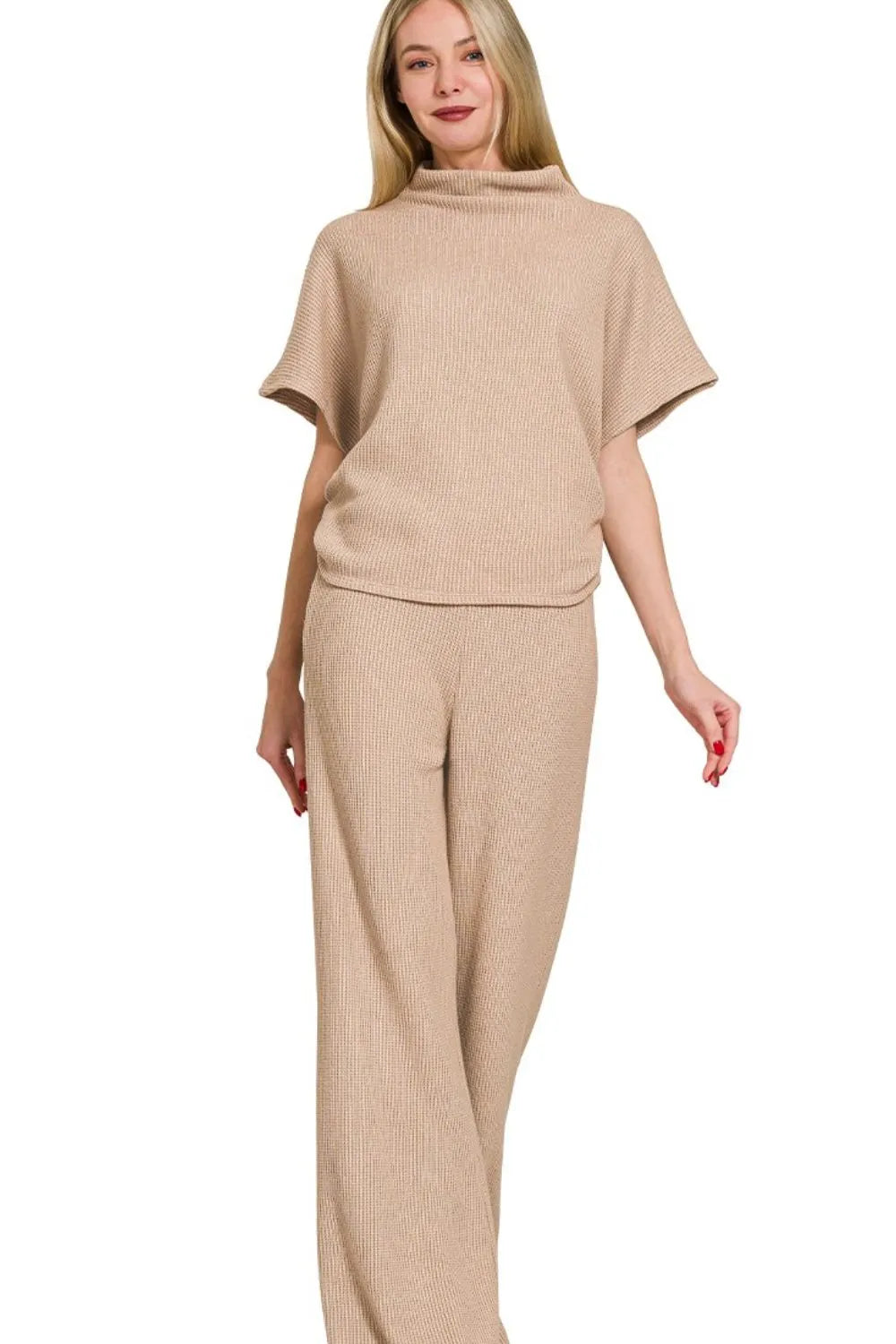 Zenana Sweater Mock Neck Top & Long Pants Set LT MOCHA OutfitFlow