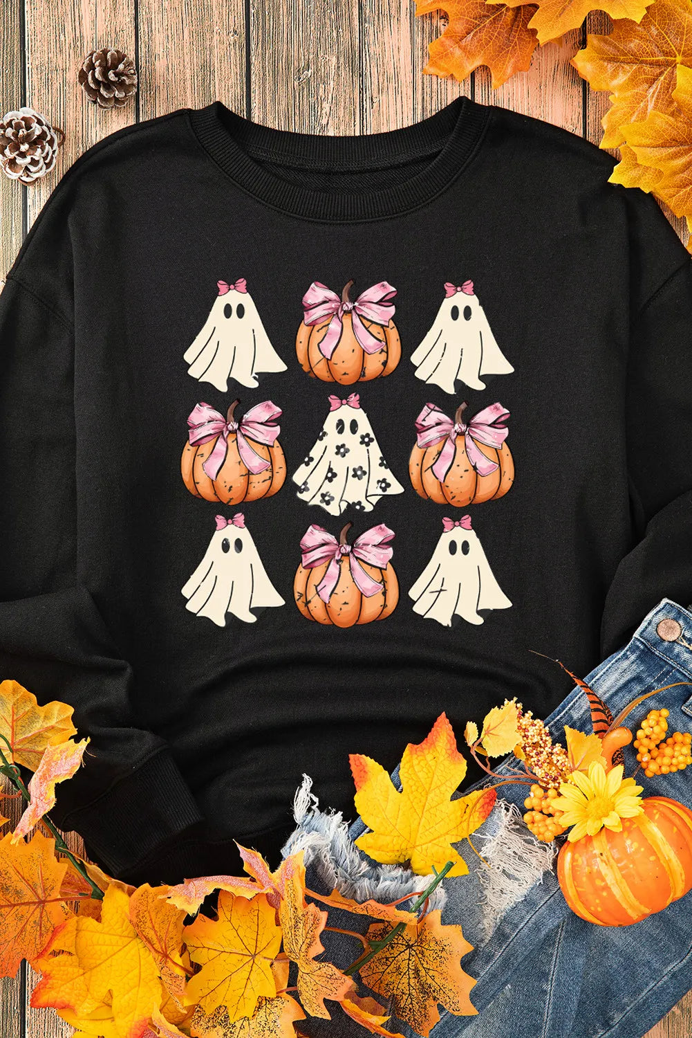 Pumpkin & Ghost Round Neck Long Sleeve Sweatshirt OutfitFlow