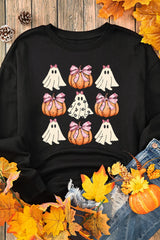 Pumpkin & Ghost Round Neck Long Sleeve Sweatshirt OutfitFlow