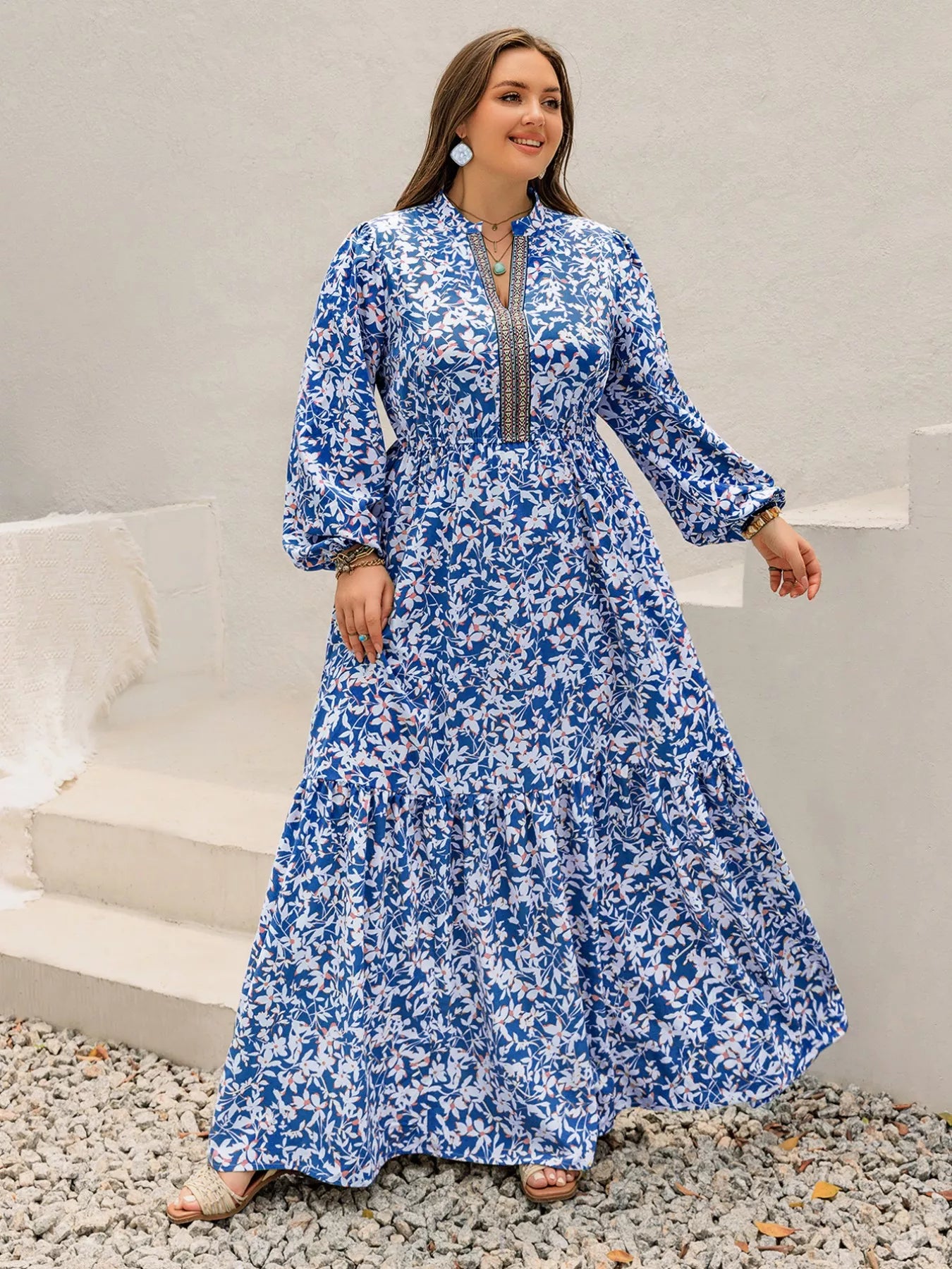 Plus Size Floral Print Bohemian Maxi Dress OutfitFlow
