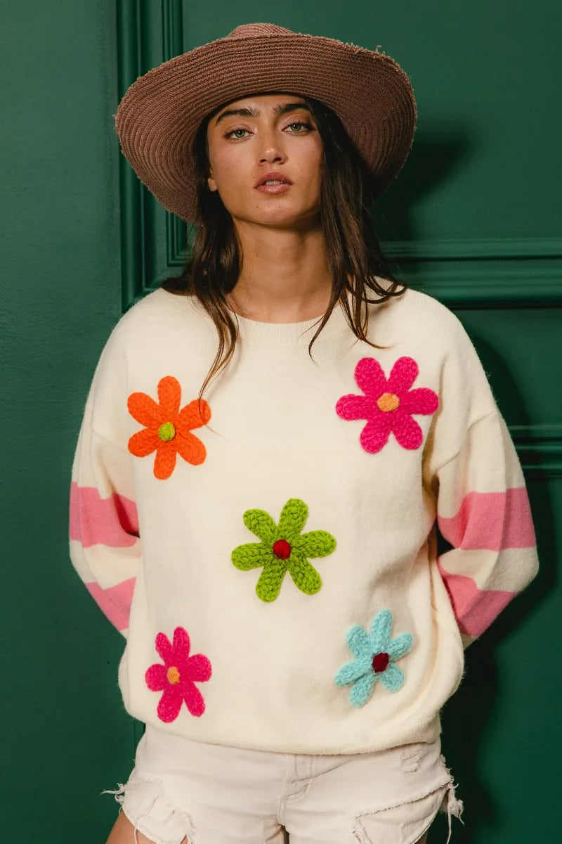 BiBi Colorful Floral Patched Sweater with Striped Sleeve OutfitFlow