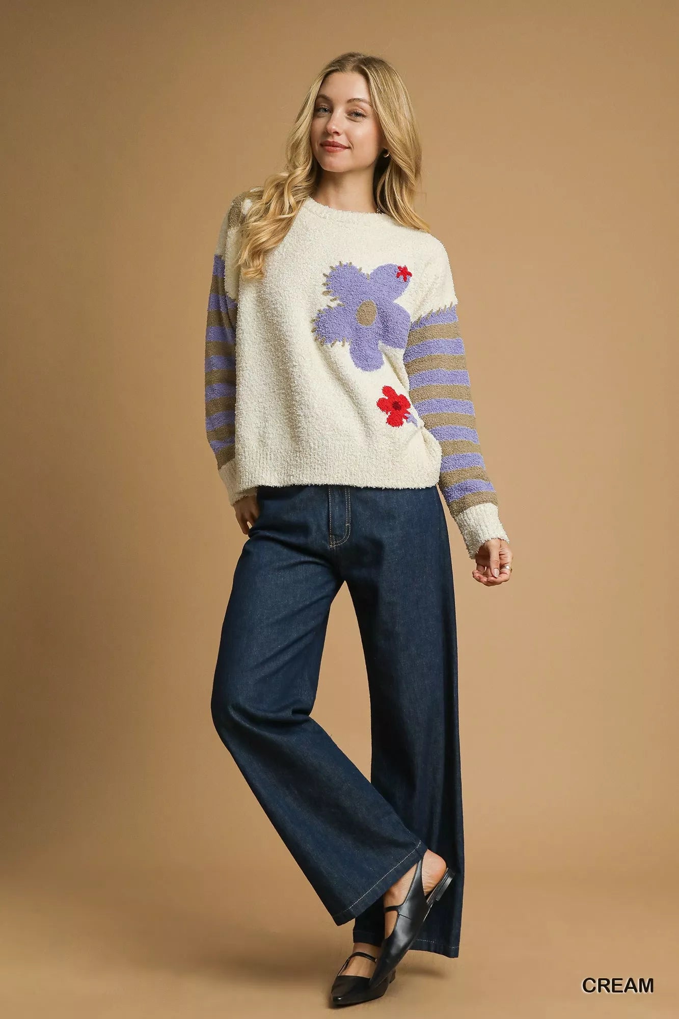 Umgee Flower Jacquard Striped Long Sleeve Sweater OutfitFlow