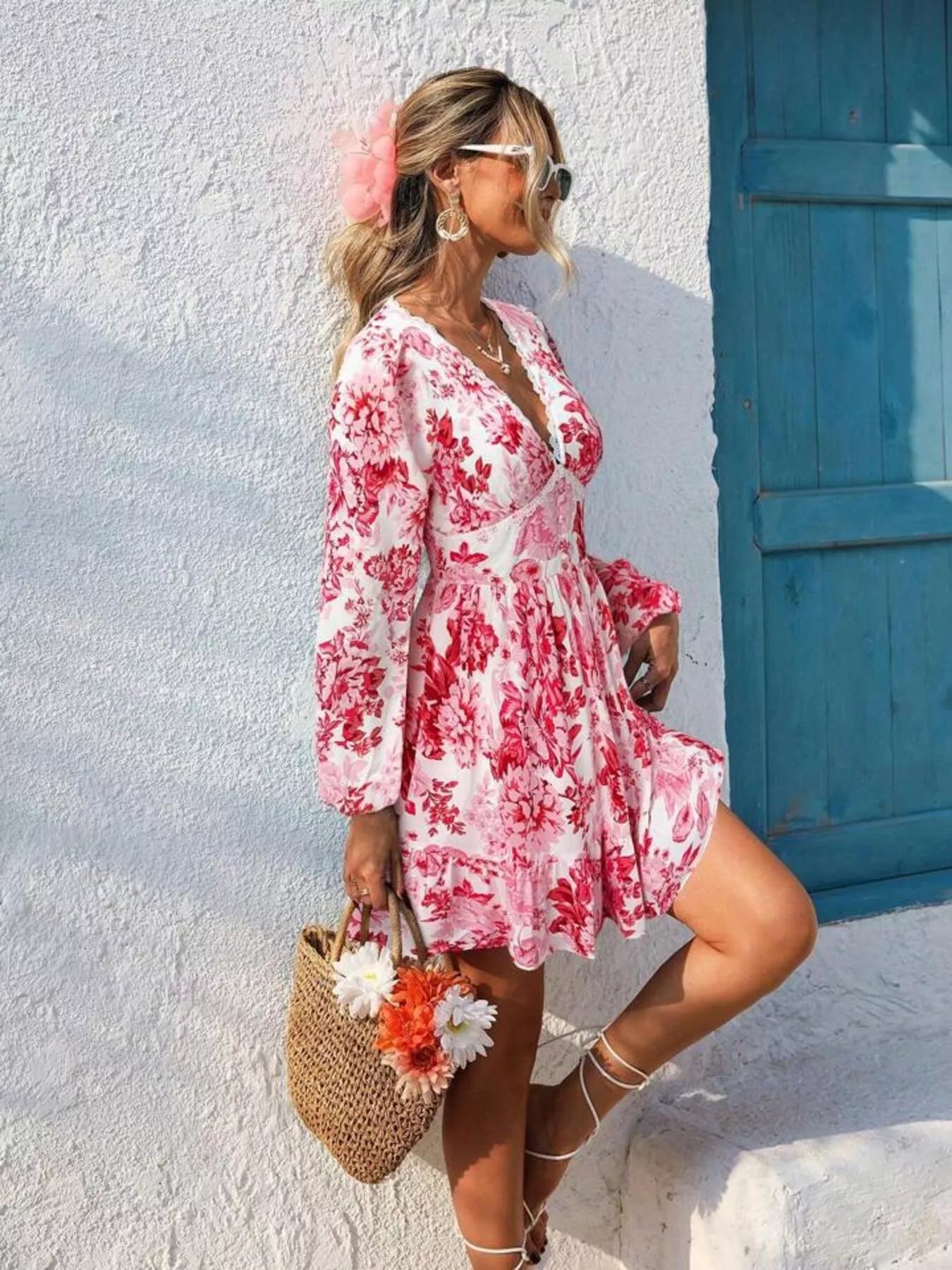 Full Size Floral Print V-Neck Long Sleeve Ruffle Hem Mini Dress Plus Size Trendsi