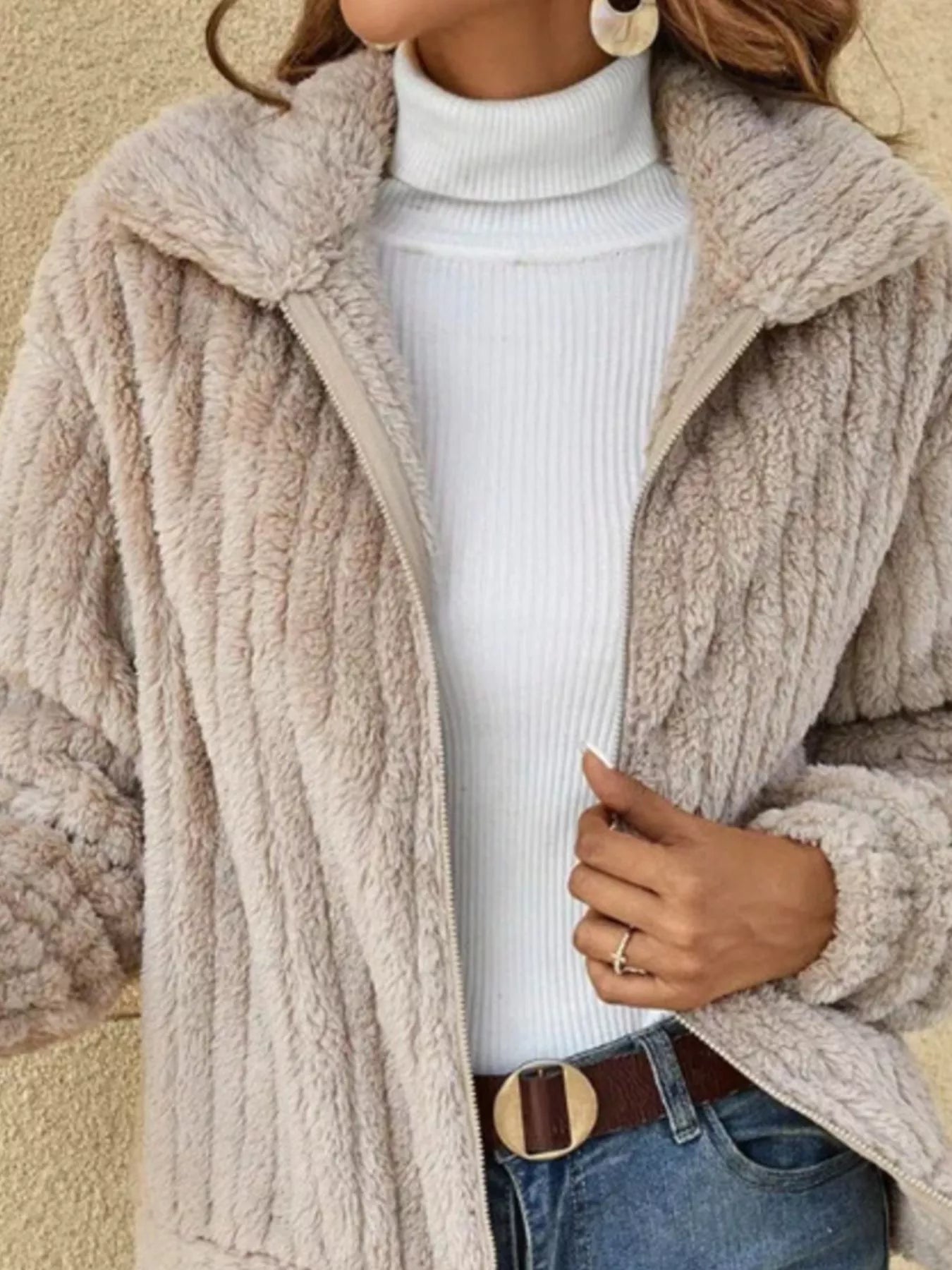 Full Size Zip-Up Long Sleeve Texture Jacket Plus Size OutfitFlow