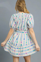 Umgee Printed Tie Waist Puff Short Sleeve Mini Dress OutfitFlow