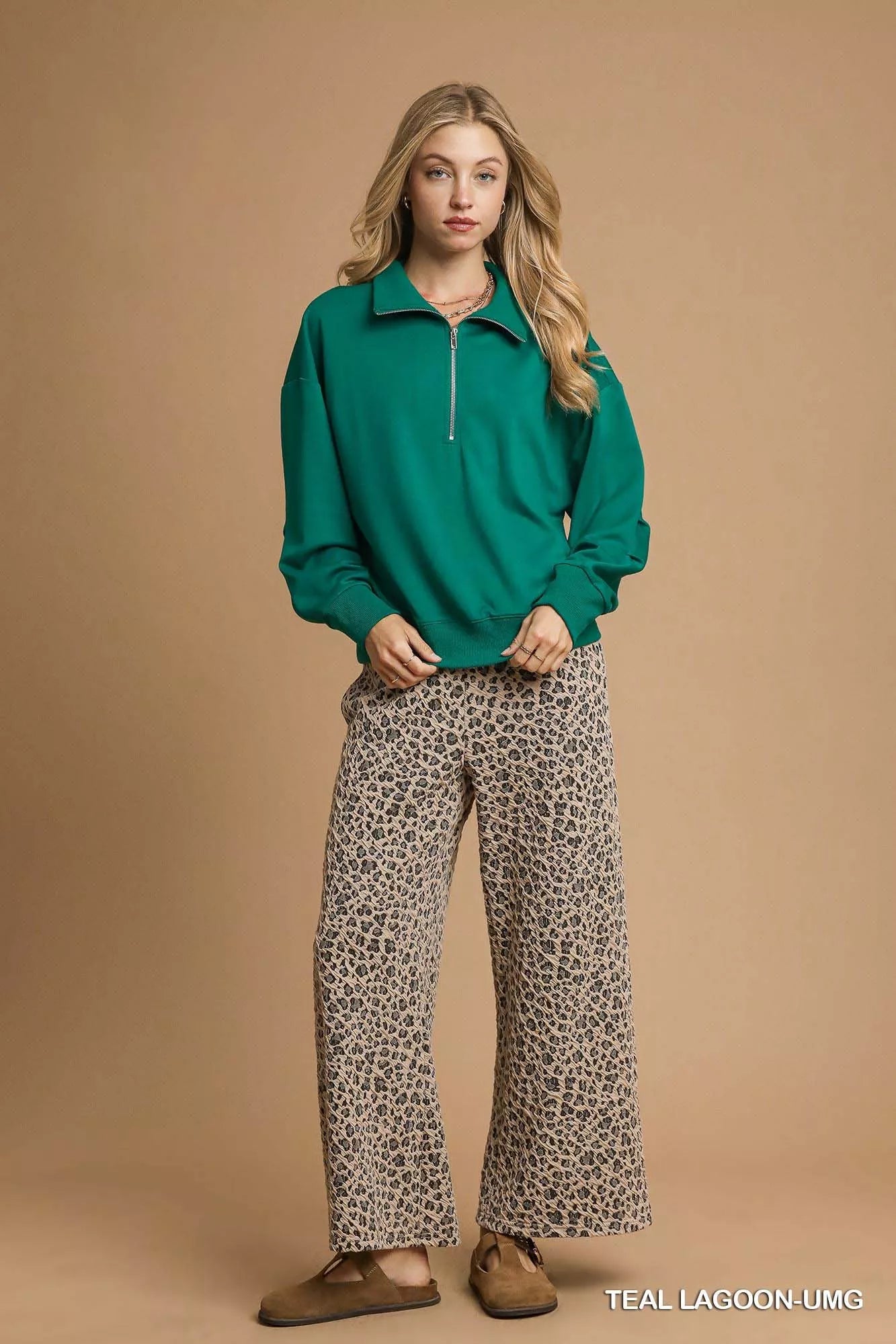 Umgee Half Zip Drop Shoulder Sweatshirt OutfitFlow