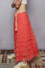 POL Tiered Ruffle Maxi Skirt with Pearl Decorative Trendsi