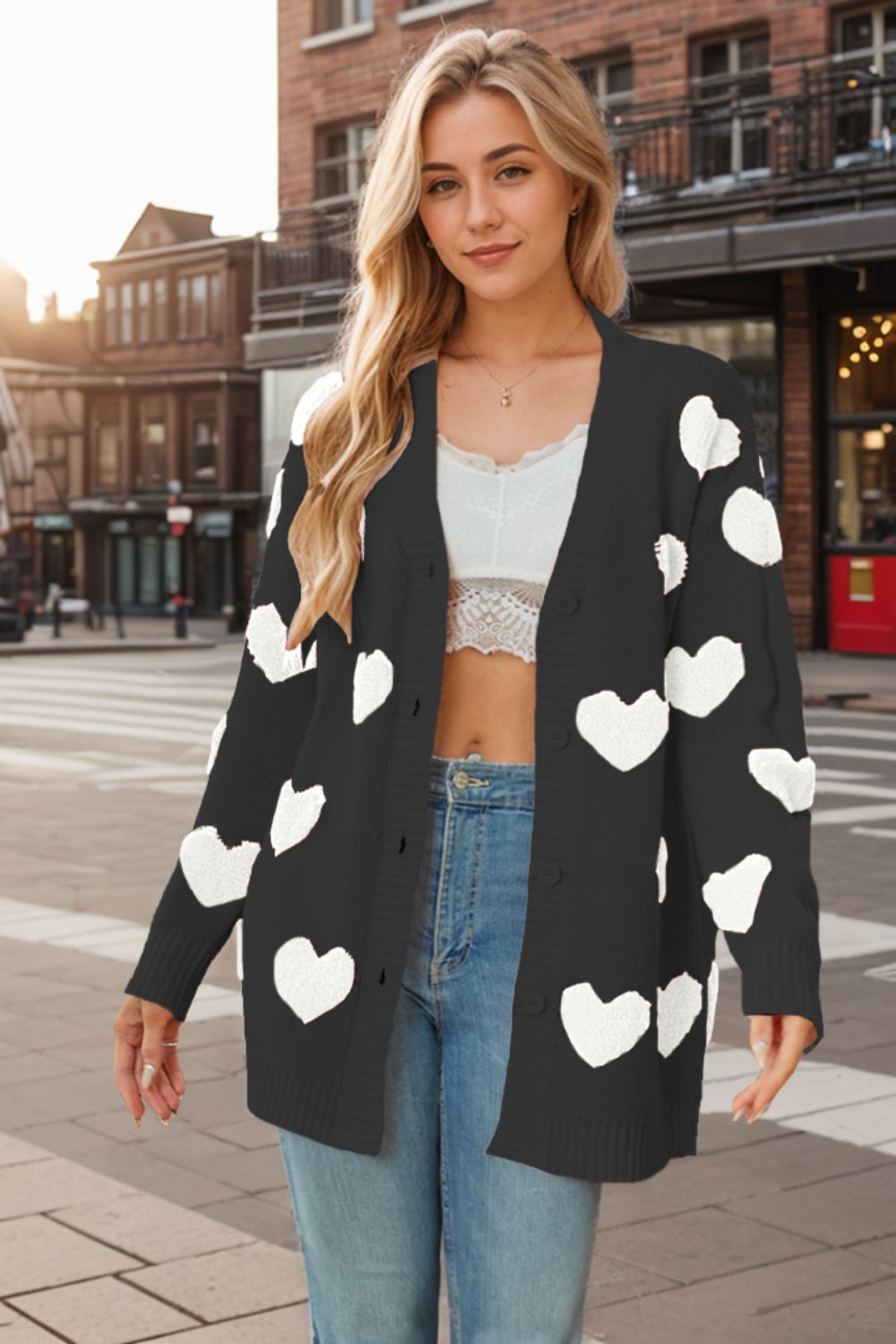 Outfit Flow - Heart Button Down Long Sleeve Cardigan