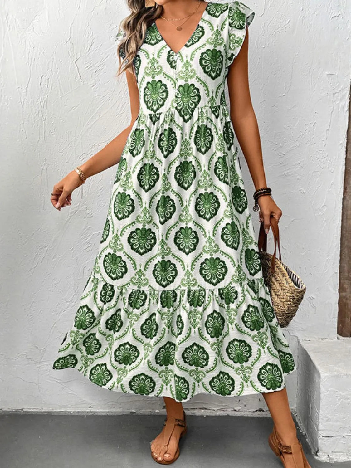 Ruffled Printed V-Neck Cap Sleeve Dress OutfitFlow
