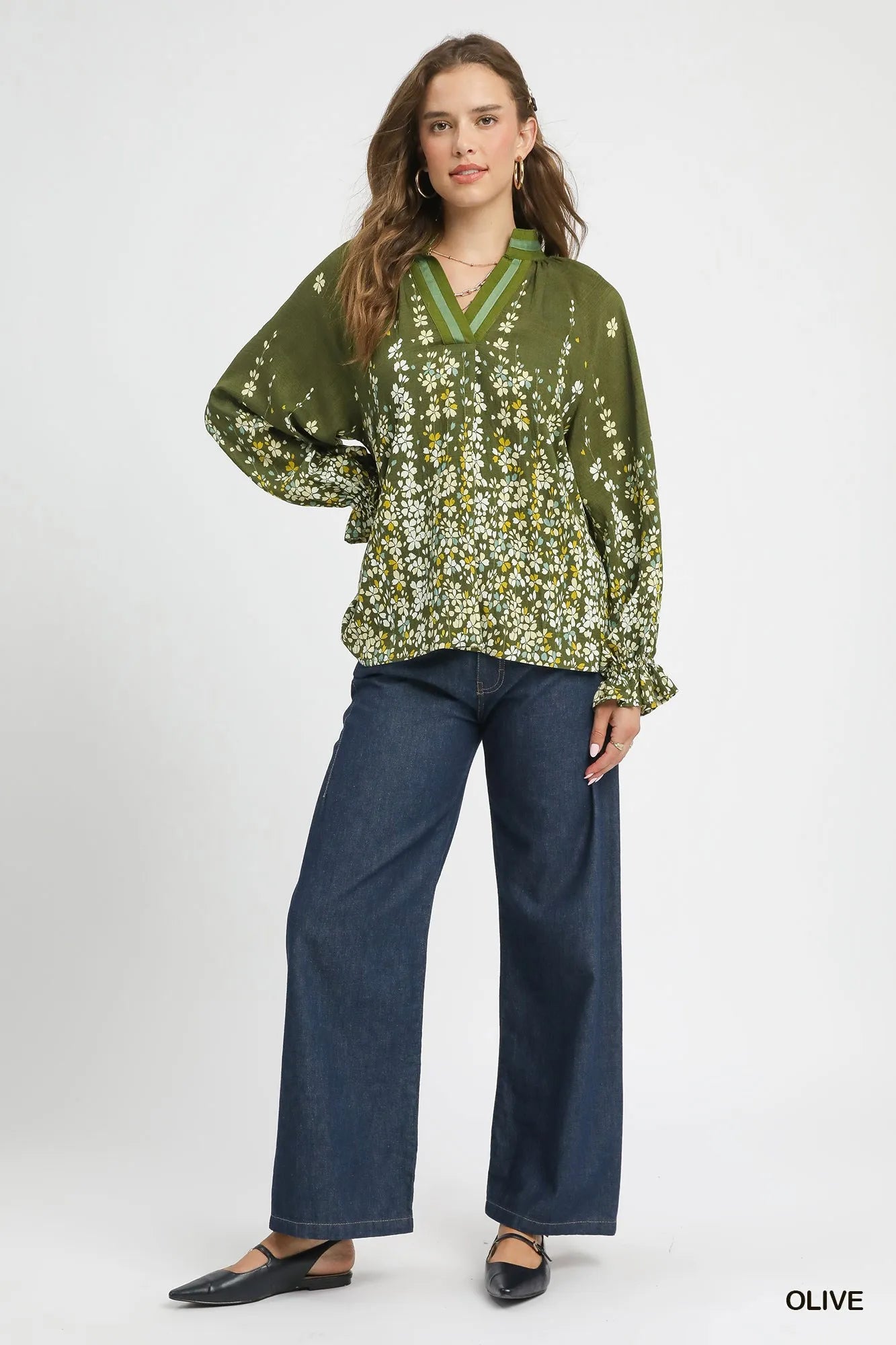 Umgee Floral Vine Print Blouse with Balloon Sleeves Trendsi