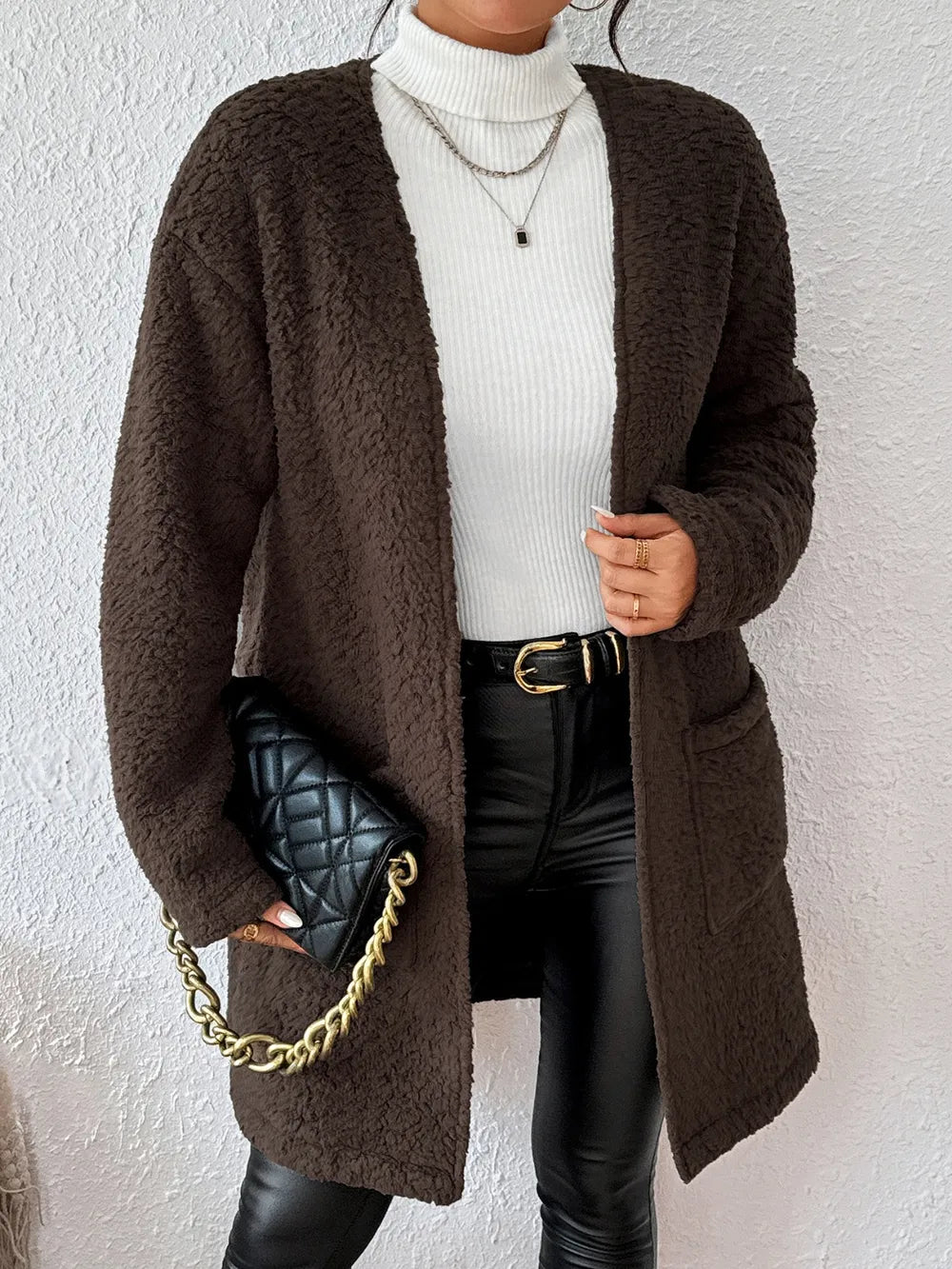 Open Front Long Sleeve Winter Coat OutfitFlow
