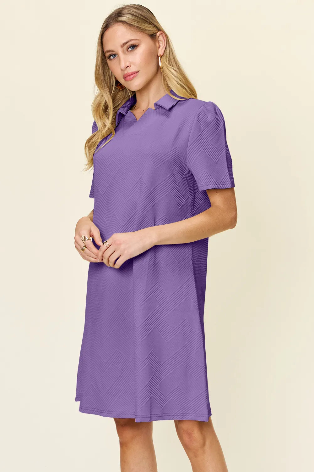 Double Take Full Size Texture Collared Neck Short Sleeve Dress OutfitFlow