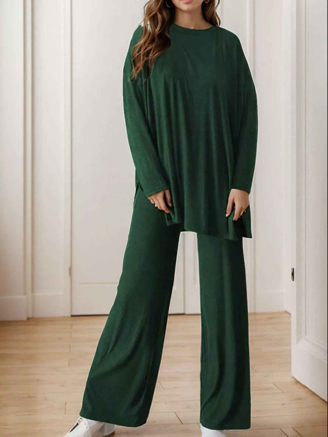 Casual Loose Long Sleeve Top and Wide Leg Pants Set Green Trendsi