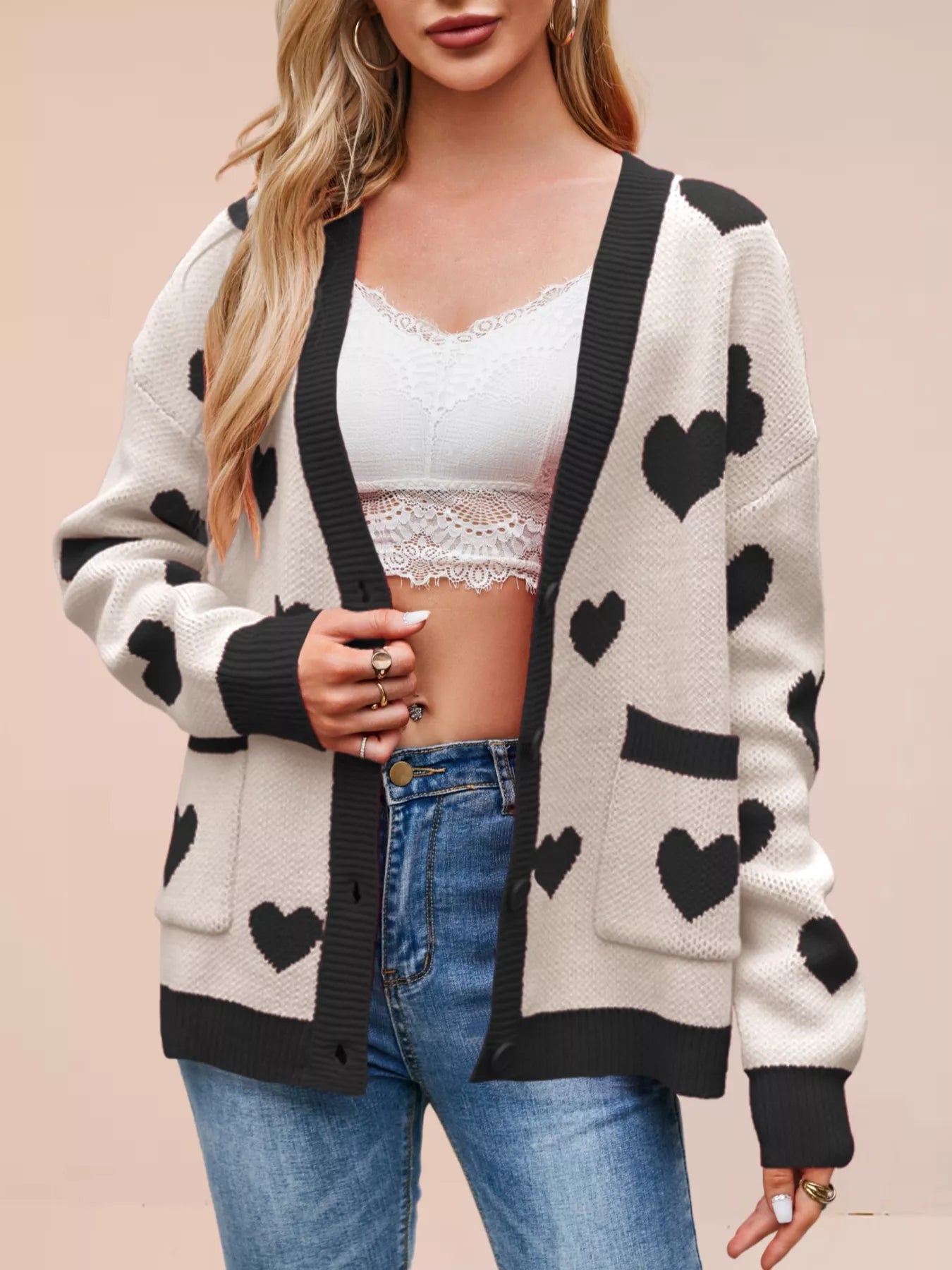 Heart Pattern Button-Up Knit Cardigan Black Apricot OutfitFlow