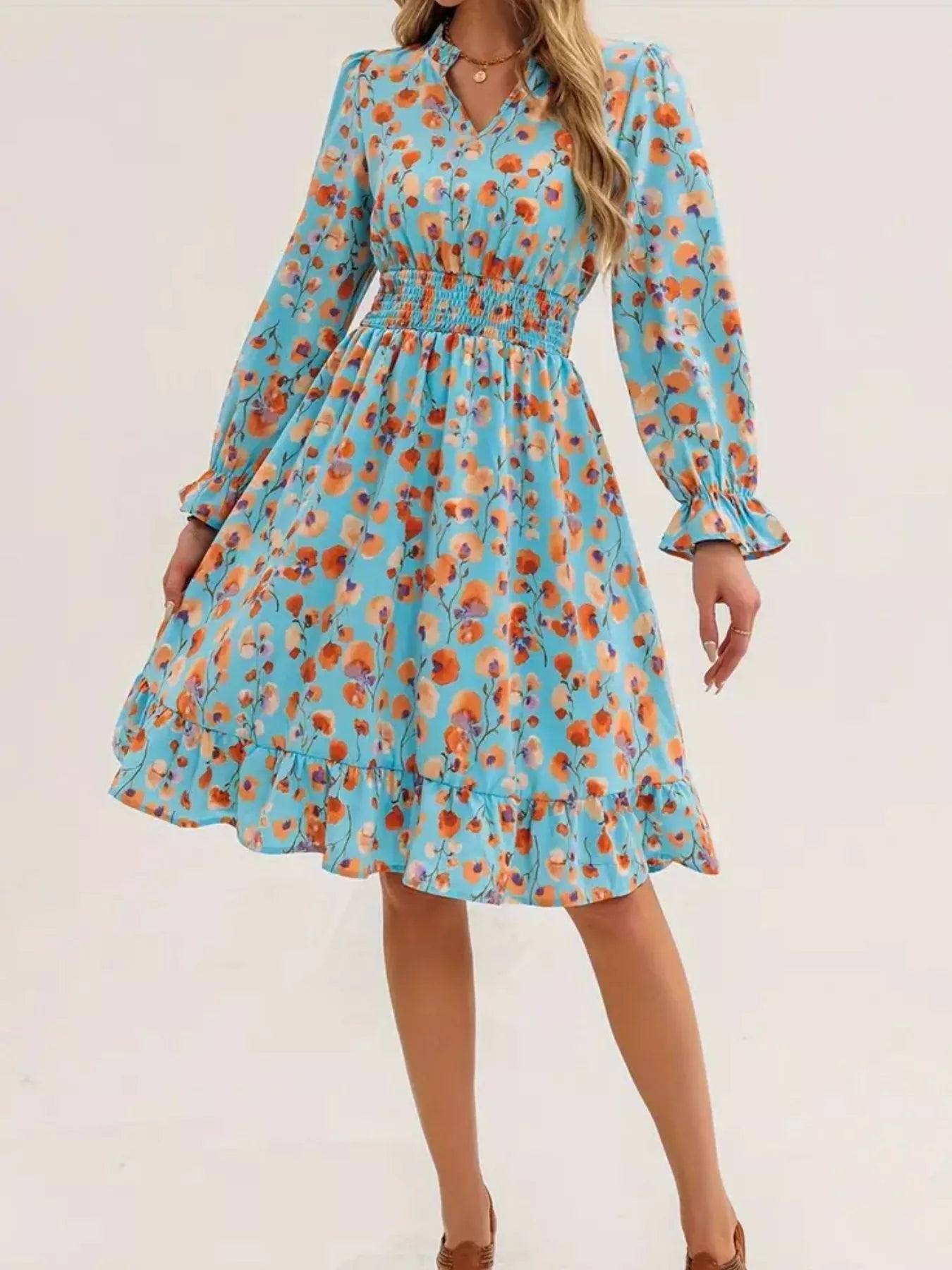 Floral Notched Flounce Sleeve Dress OutfitFlow