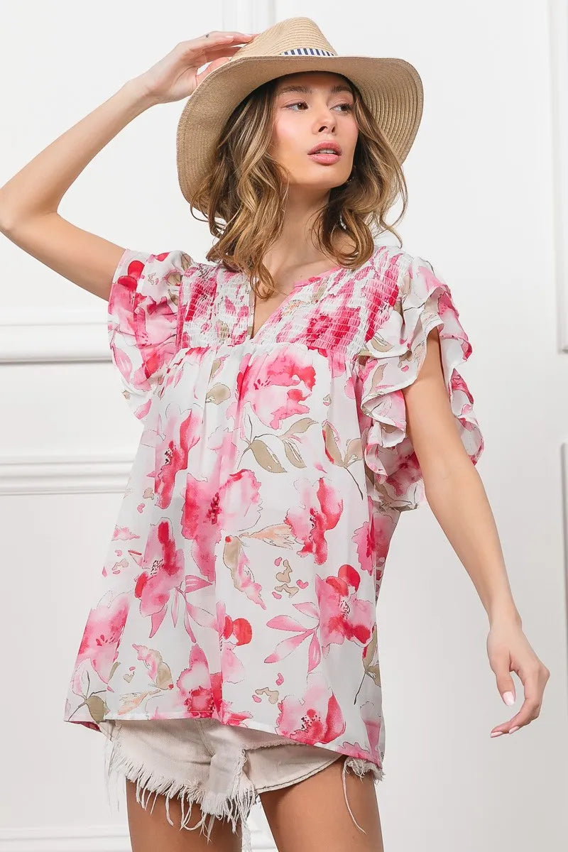 BiBi Floral Print Flutter Sheer Top OutfitFlow