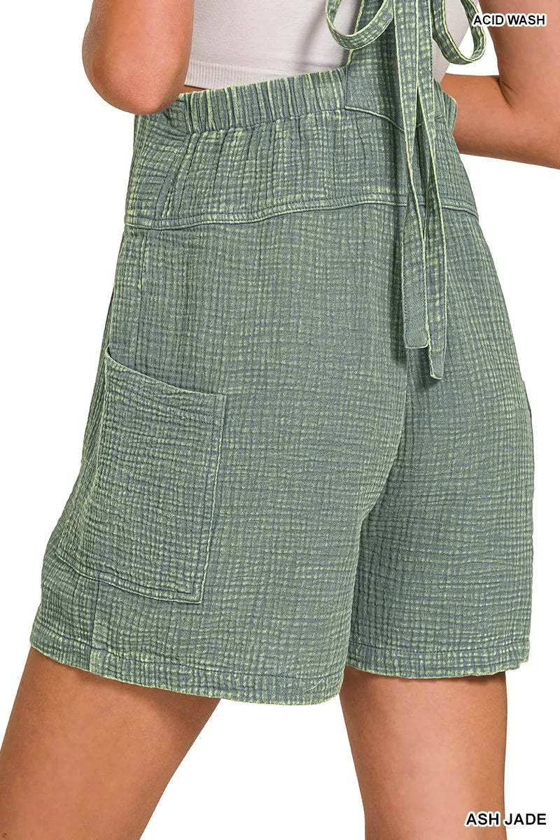Zenana Washed Double Gauze Tie Back Rompers OutfitFlow