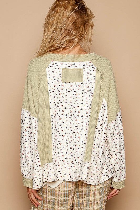 Outfit Flow - POL Waffle Knit Floral Notched Long Sleeve Top