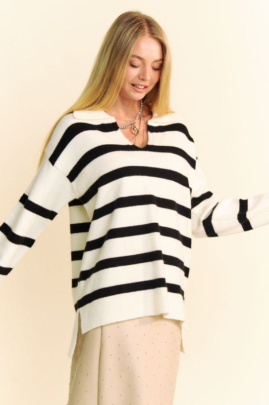 Outfit Flow - Davi & Dani High-Low Side Slit Striped Johnny Collar Sweater