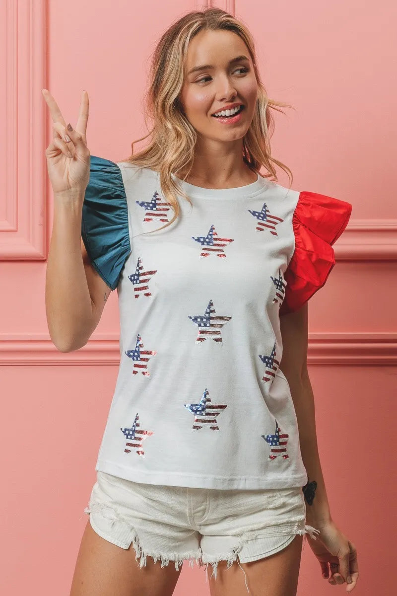 BiBi American Flag Sequin Stars Top OutfitFlow