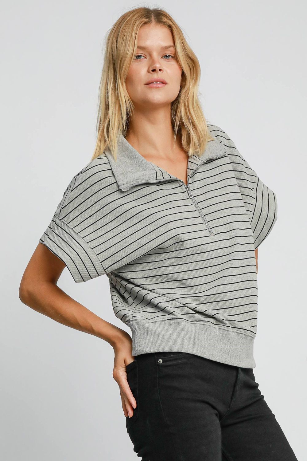 Outfit Flow - Umgee Striped Half Zip Short Sleeve Sweatshirt