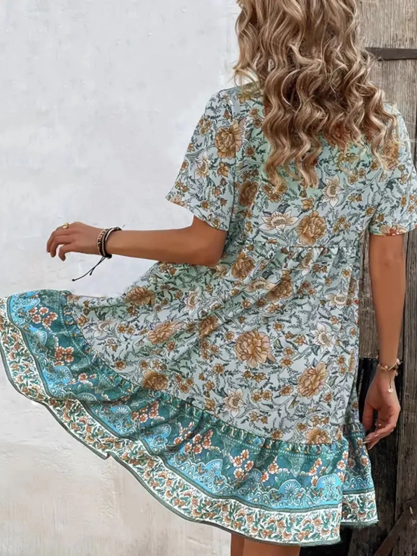 Printed Tie Neck Short Sleeve Mini Dress OutfitFlow