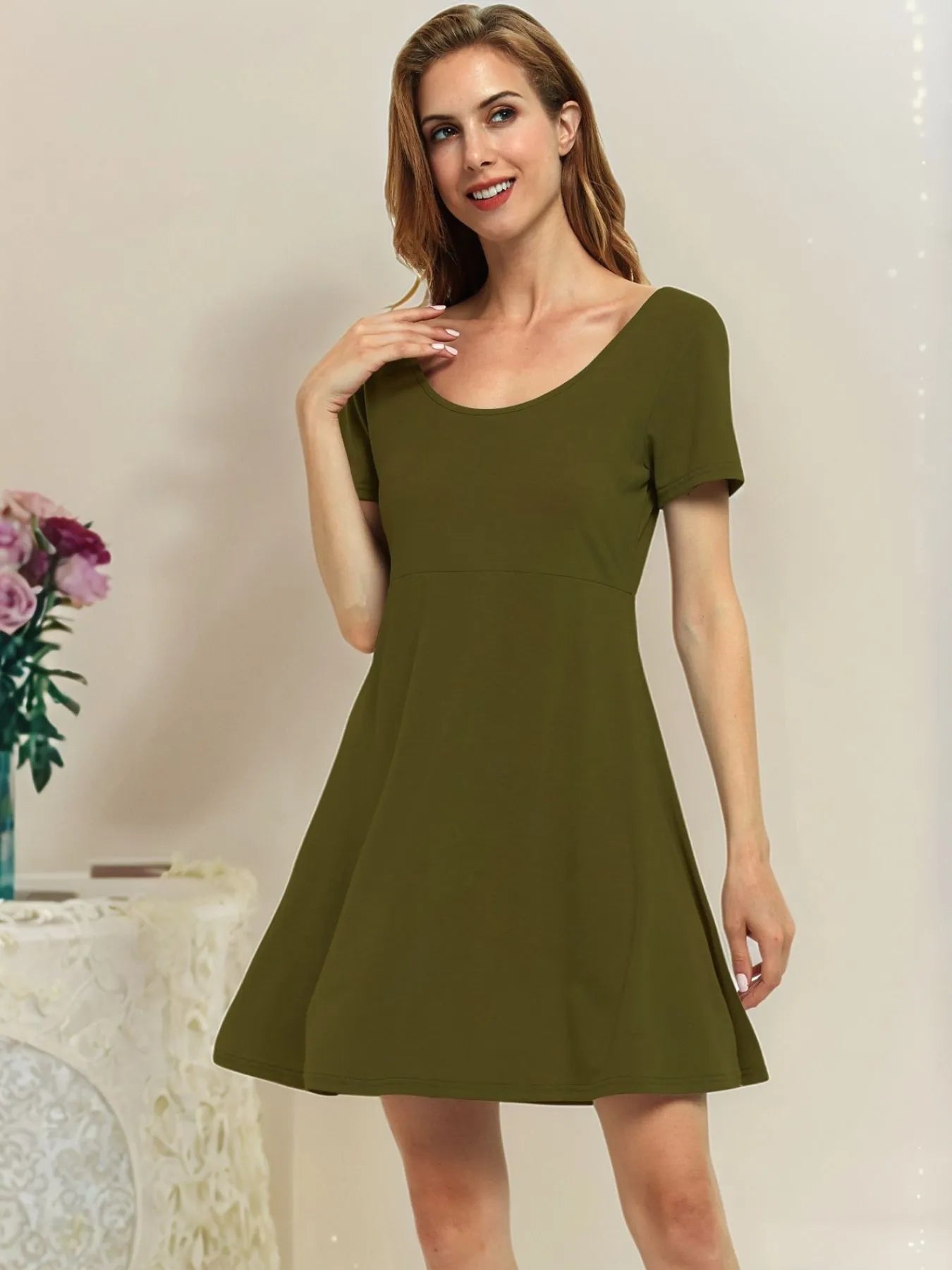 Round Neck Short Sleeve Flared Summer Dress Moss OutfitFlow