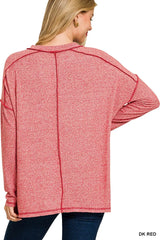Zenana Full Size Melange Hacci Exposed Seam Hi-low Tee Plus Size OutfitFlow