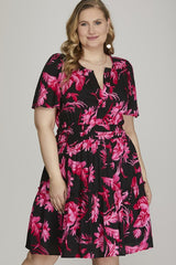 She + Sky Full Size Printed Notched Short Sleeve Frill Tiered Dress Plus Size OutfitFlow