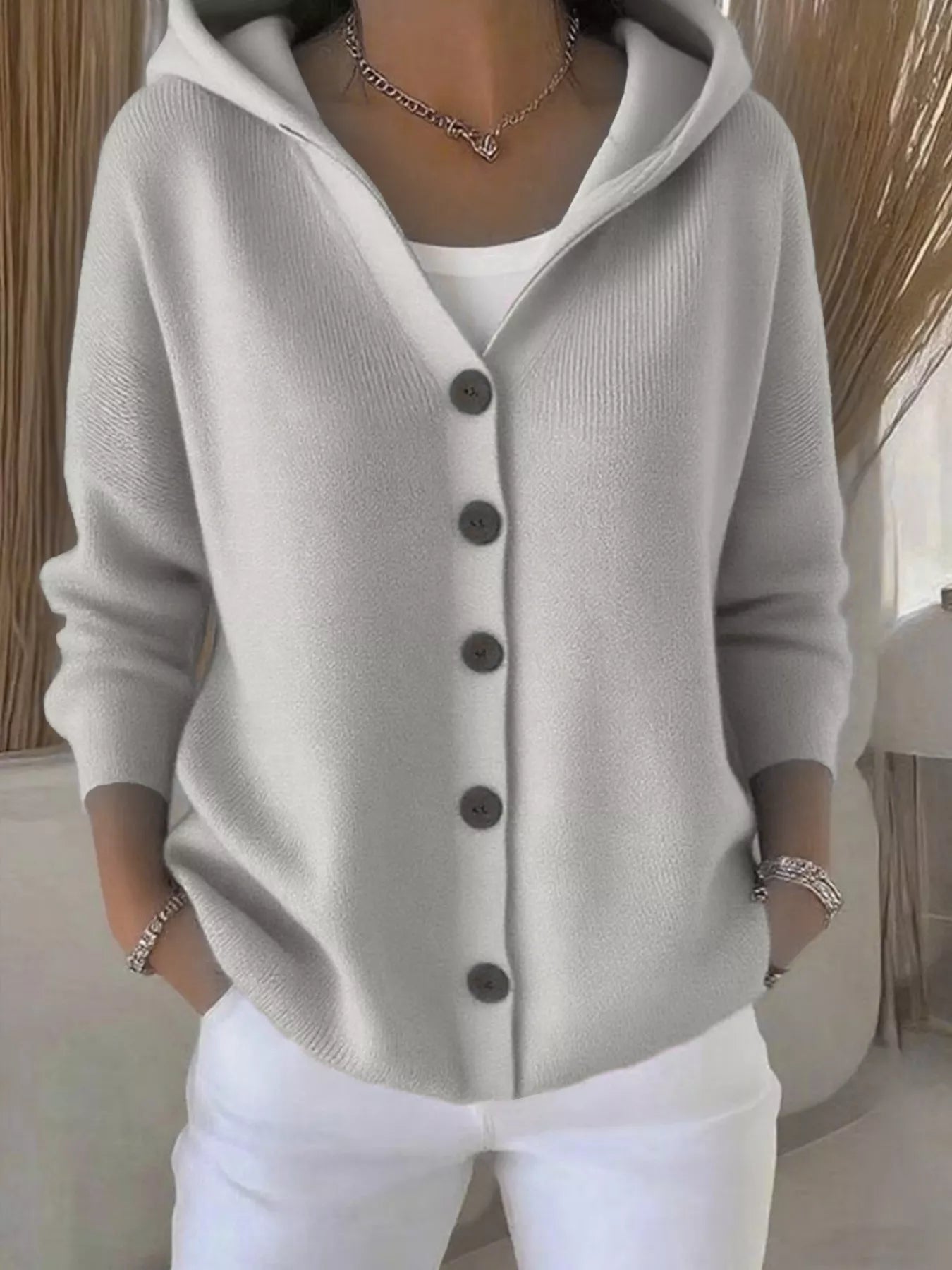 Full Size Hooded Button-Front Soft Knit Cardigan Plus Size Gray OutfitFlow