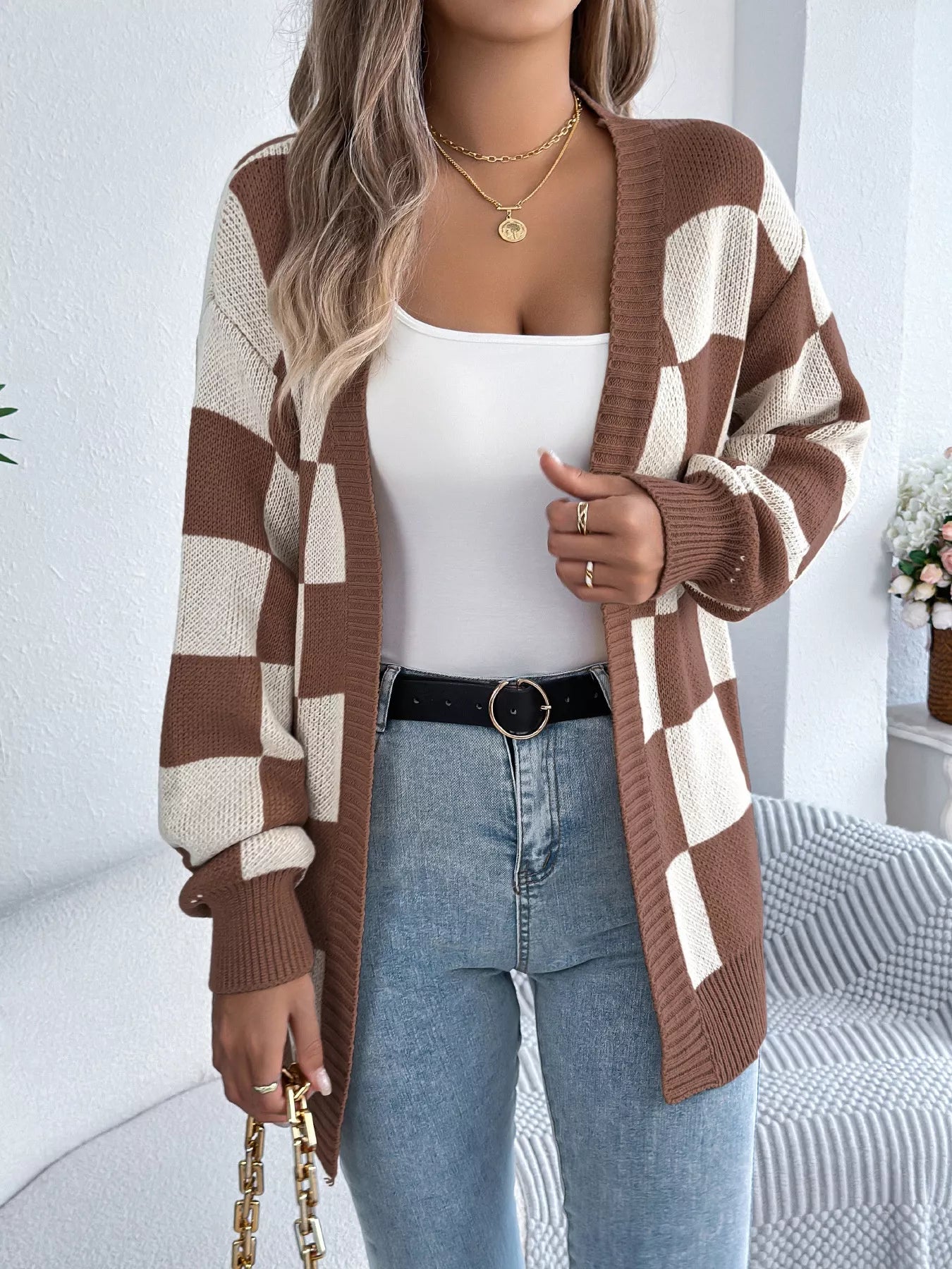 Checkered Pattern Open Front Cardigan OutfitFlow