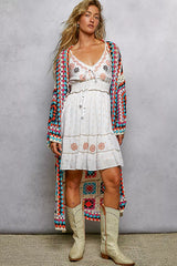 POL Open Front Crochet Cardigan with Weave Knit Patterns OutfitFlow
