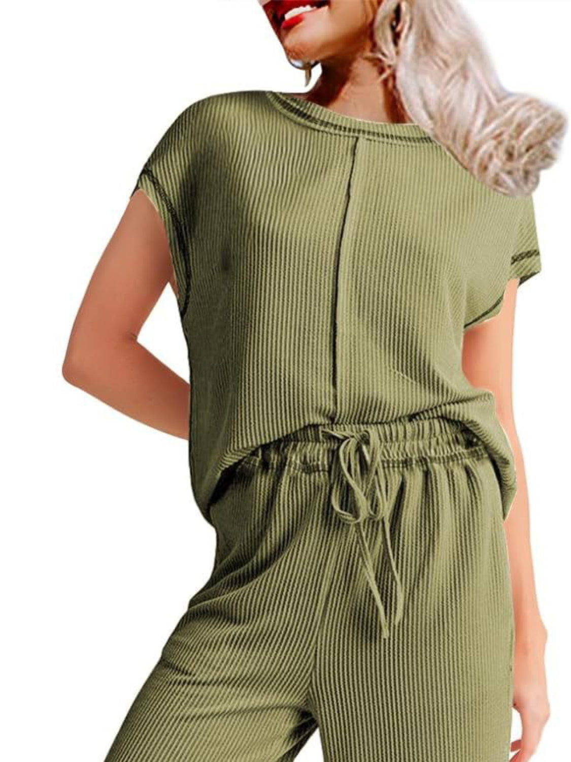 Ribbed Exposed Seam Top and Pants Set OutfitFlow