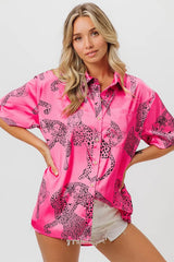 BiBi Leopard Print Short Sleeve Silky Satin Shirt Top OutfitFlow