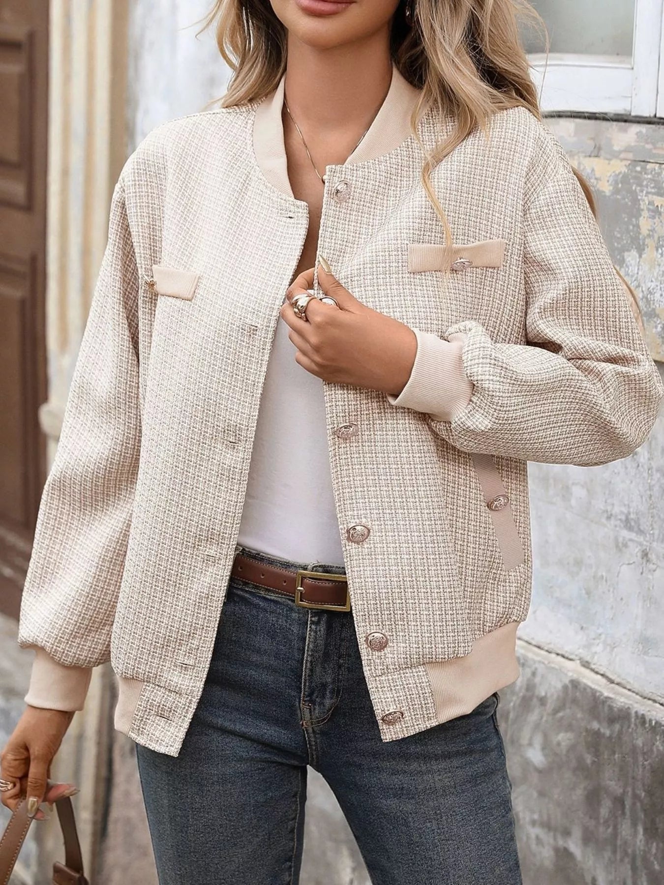 Button Up Long Sleeve Jacket Khaki Trendsi