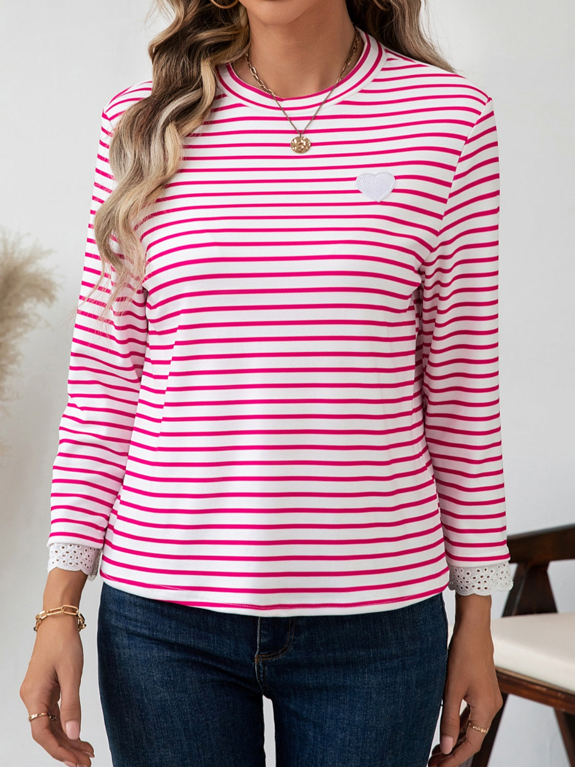 Outfit Flow - Heart Striped Round Neck Long Sleeve T-Shirt