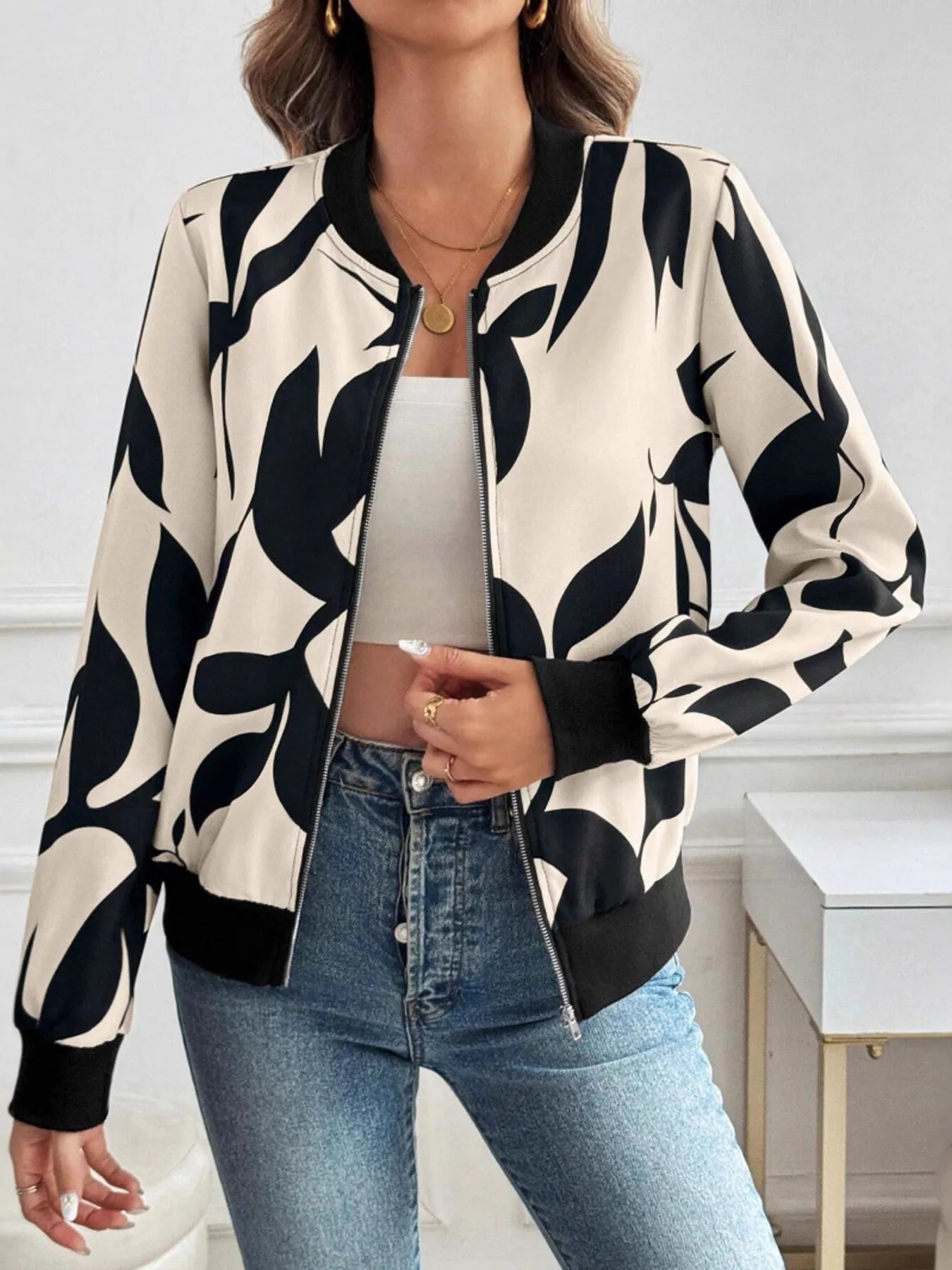 Printed Zip Up Long Sleeve Jacket OutfitFlow
