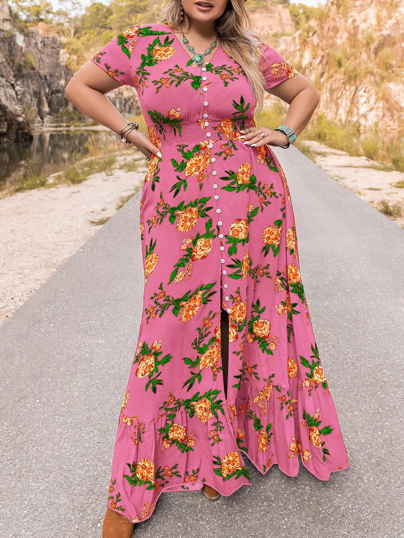Plus Size Floral V-Neck Short Sleeve Maxi Dress OutfitFlow