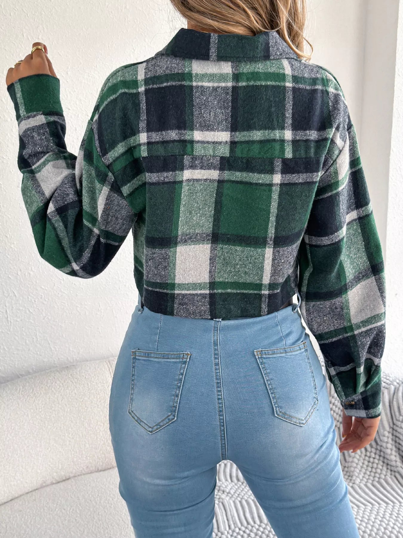 Plaid Button Up Cropped Jacket Trendsi