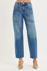 RISEN 4 Way Stretch Mid Rise Barrel Jeans with Patch Pocket Detail OutfitFlow