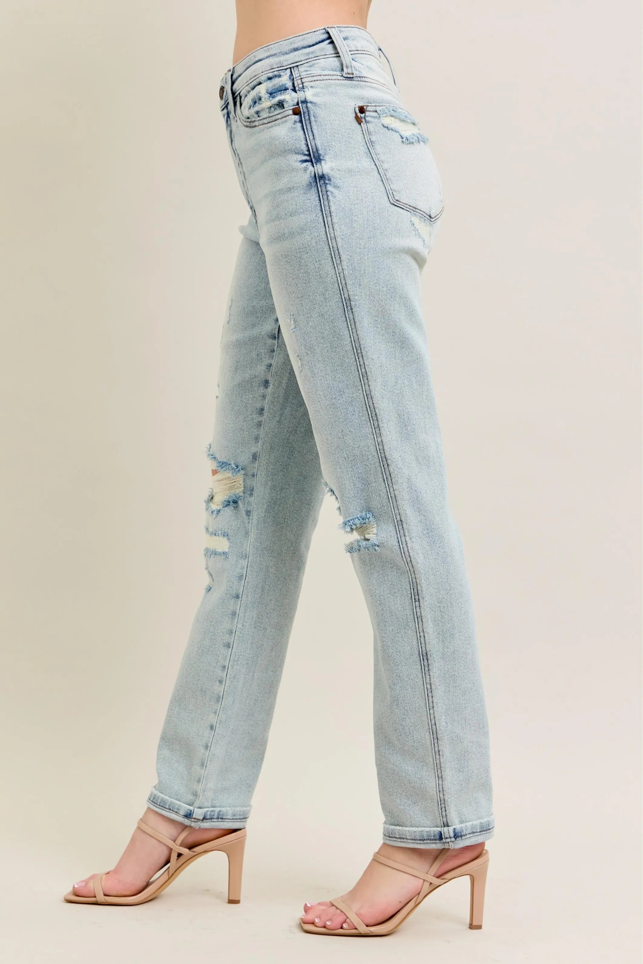 Judy Blue Full Size Mr Repair Stitch Detail Destroy Single Cuff Bf Jeans Plus Size OutfitFlow