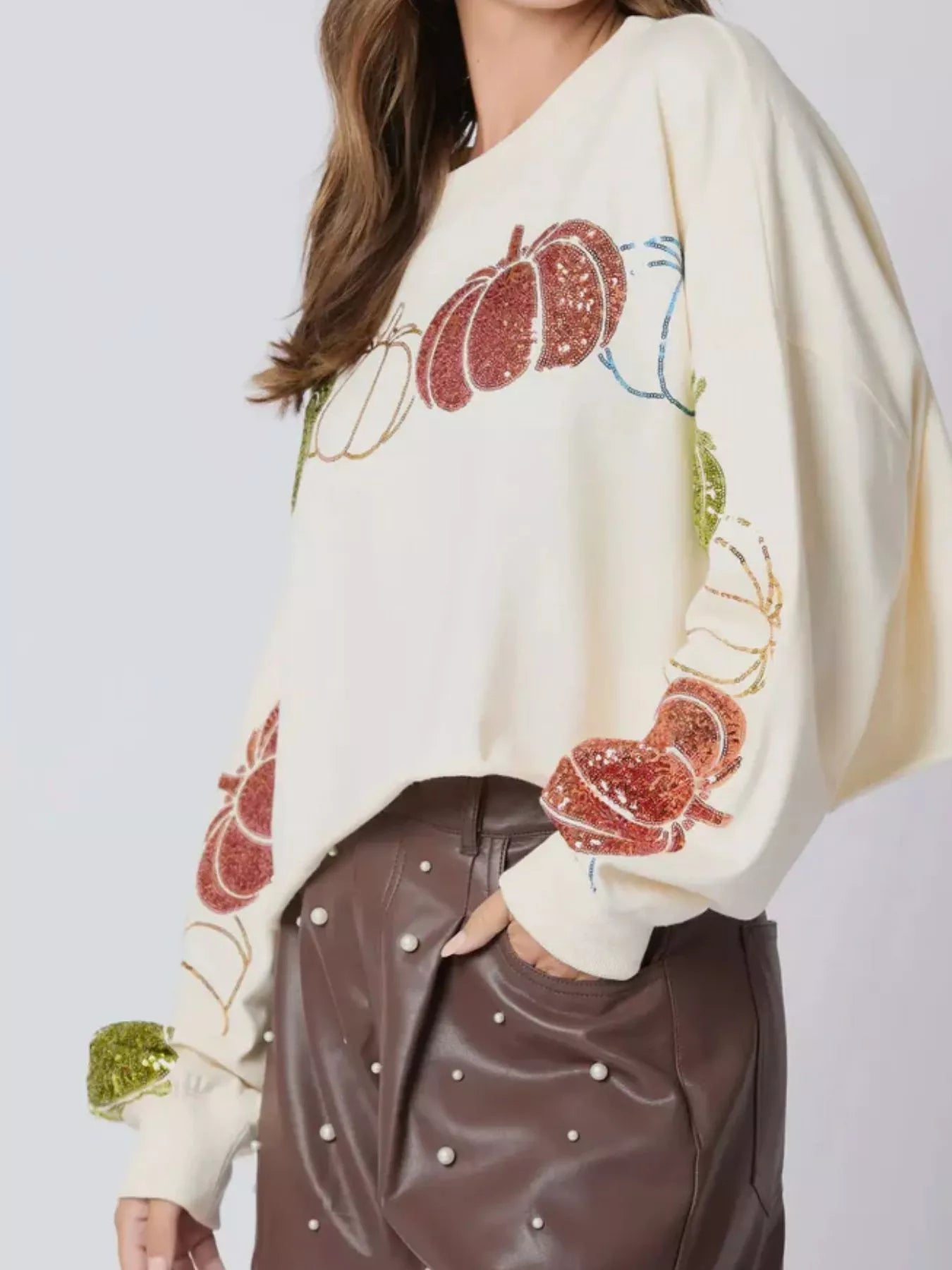 Sequined Pumpkin Halloween Crop Sweatshirt OutfitFlow