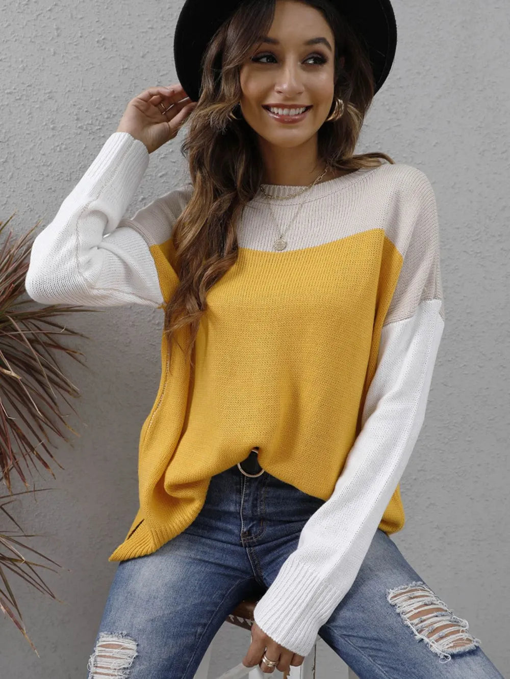 Color Block Round Neck Sweater OutfitFlow