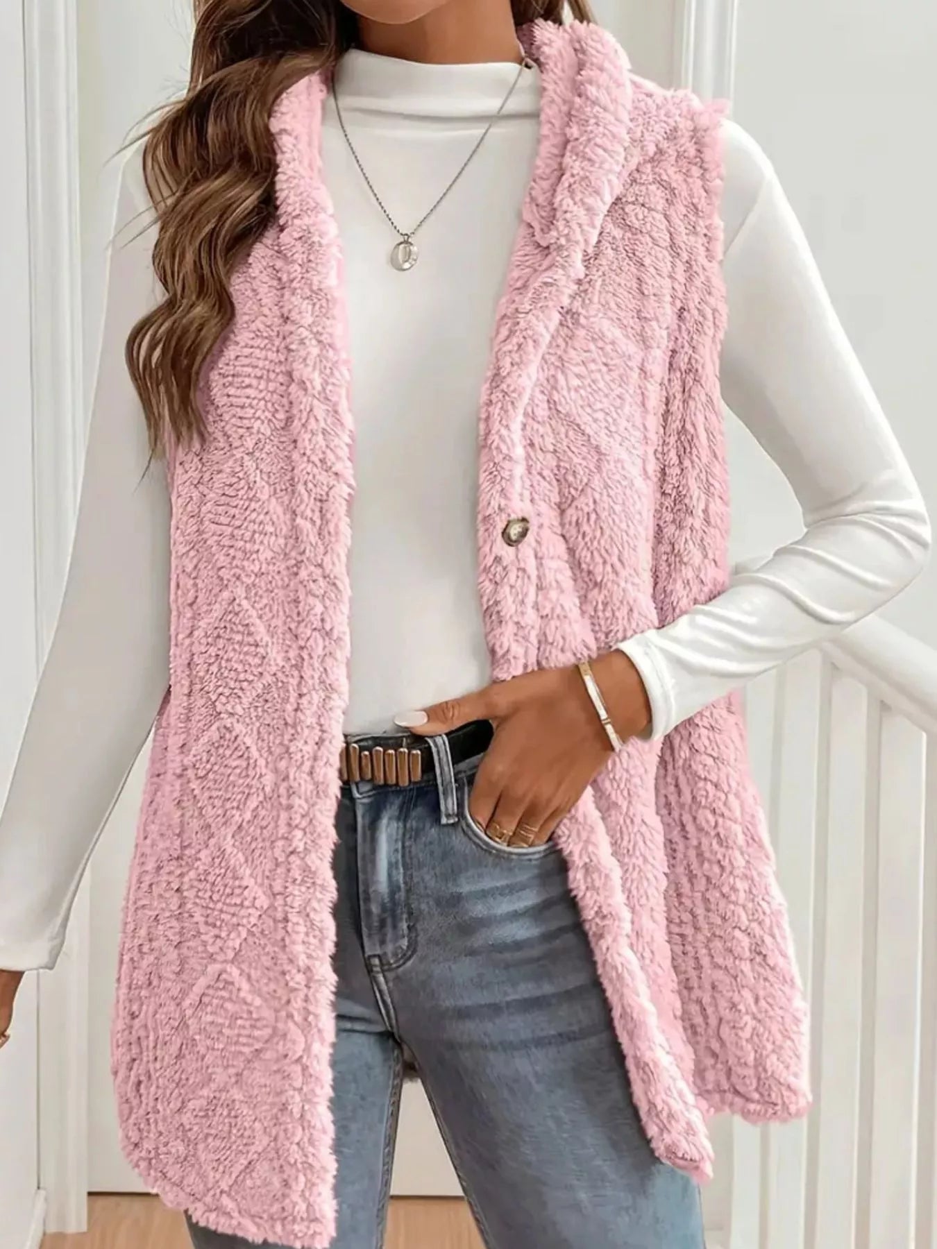 Button Up Plush Hooded Vest Coat Pink OutfitFlow