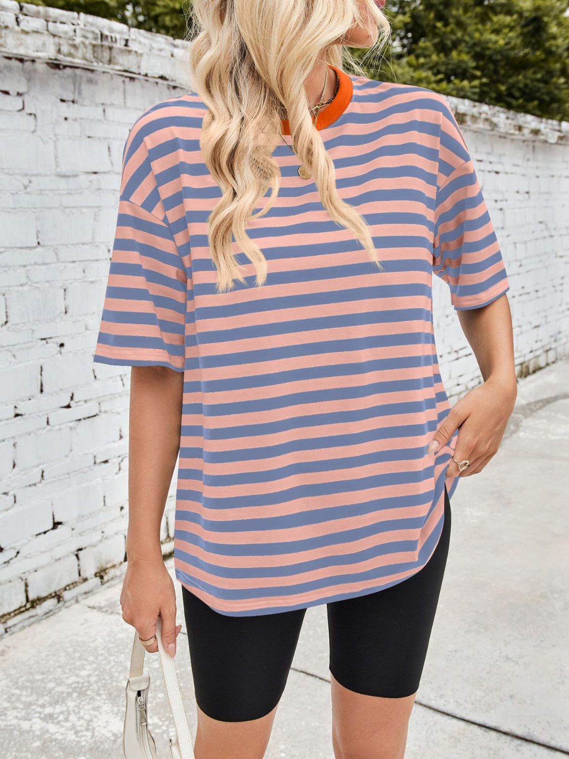 Outfit Flow - Lovelet Striped Round Neck Half Sleeve T-Shirt