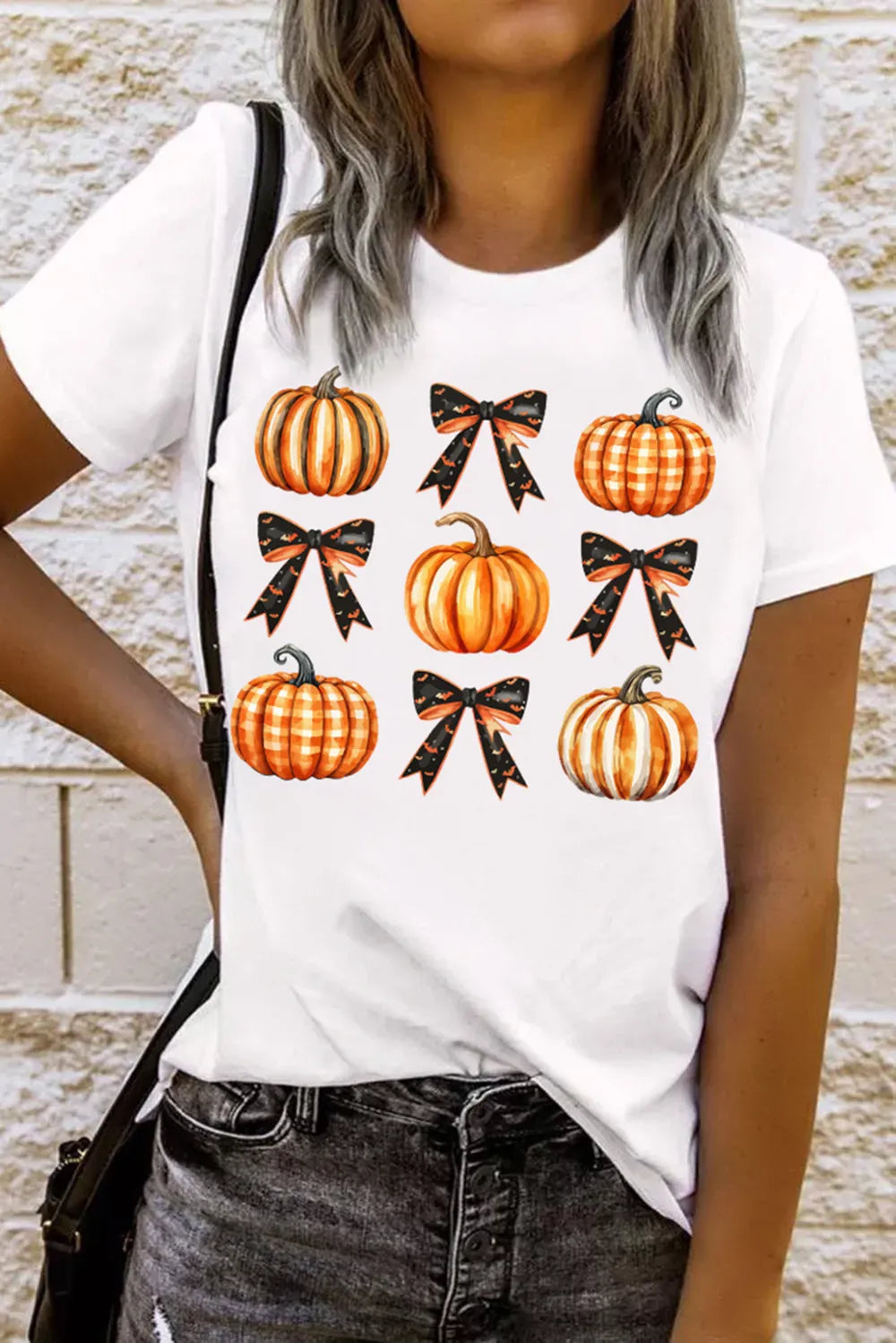 Pumpkin Round Neck Short Sleeve T-Shirt White OutfitFlow