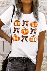 Pumpkin Round Neck Short Sleeve T-Shirt White OutfitFlow