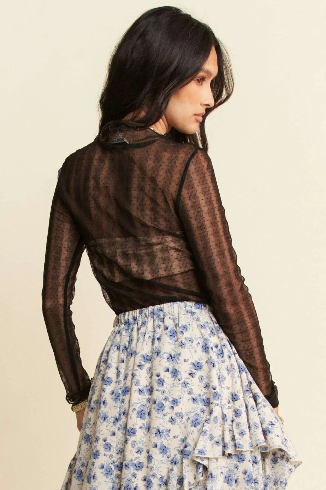 Davi & Dani Turtle Neck Lace Dotted Stretch Mesh Sheer Top OutfitFlow