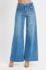 RISEN Full Size Mid Rise Wide Front Patch Pocket Jeans Plus Size OutfitFlow